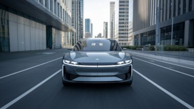 Voiture électrique futuriste avec capteurs avancés sur une route de ville