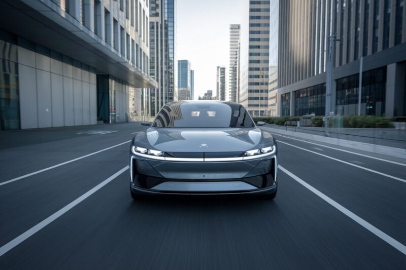 Voiture &eacute;lectrique futuriste avec capteurs avanc&eacute;s sur une route de ville