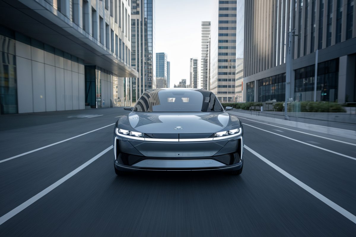 Voiture &eacute;lectrique futuriste avec capteurs avanc&eacute;s sur une route de ville