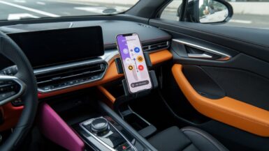 Smartphone affichant les feux tricolores sur l'application Waze dans une voiture.