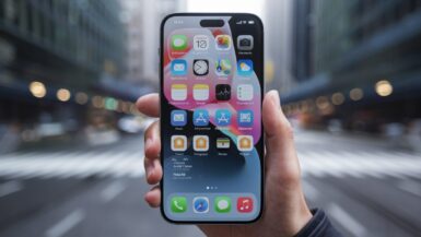 iPhone avec interface iOS 26 Liquid Glass