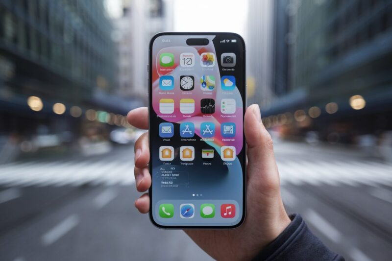 iPhone avec interface iOS 26 Liquid Glass