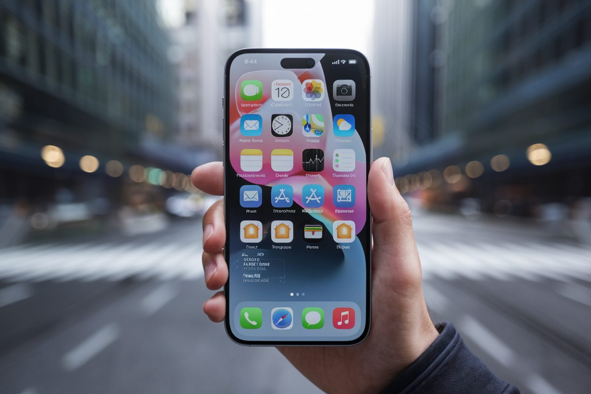 iPhone avec interface iOS 26 Liquid Glass