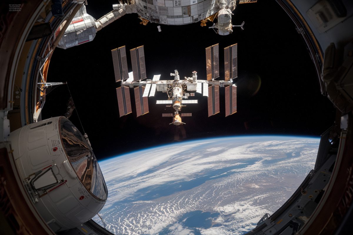 Station spatiale internationale avec un vaisseau Soyouz approchant pour une &eacute;vacuation d'urgence.