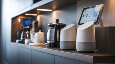 Intérieur d'une maison connectée moderne avec des appareils Google Home.