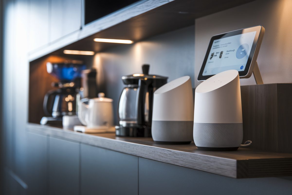 Int&eacute;rieur d'une maison connect&eacute;e moderne avec des appareils Google Home.