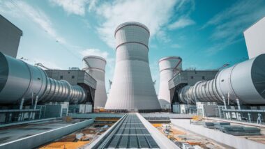 Centrale nucléaire polonaise en construction avec turbines et générateurs.