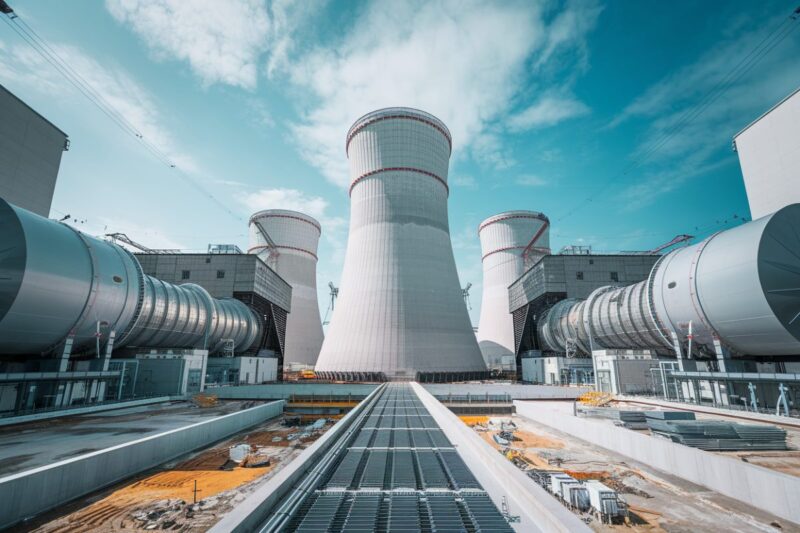 Centrale nucl&eacute;aire polonaise en construction avec turbines et g&eacute;n&eacute;rateurs.