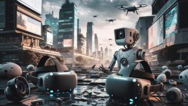 Un paysage numérique futuriste montrant des casques VR cassés et des éléments d'IA émergents.