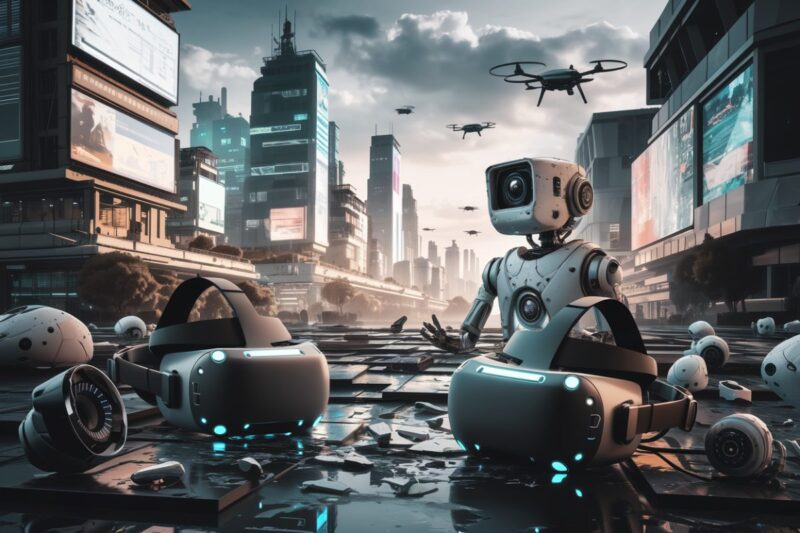 Un paysage num&eacute;rique futuriste montrant des casques VR cass&eacute;s et des &eacute;l&eacute;ments d'IA &eacute;mergents.