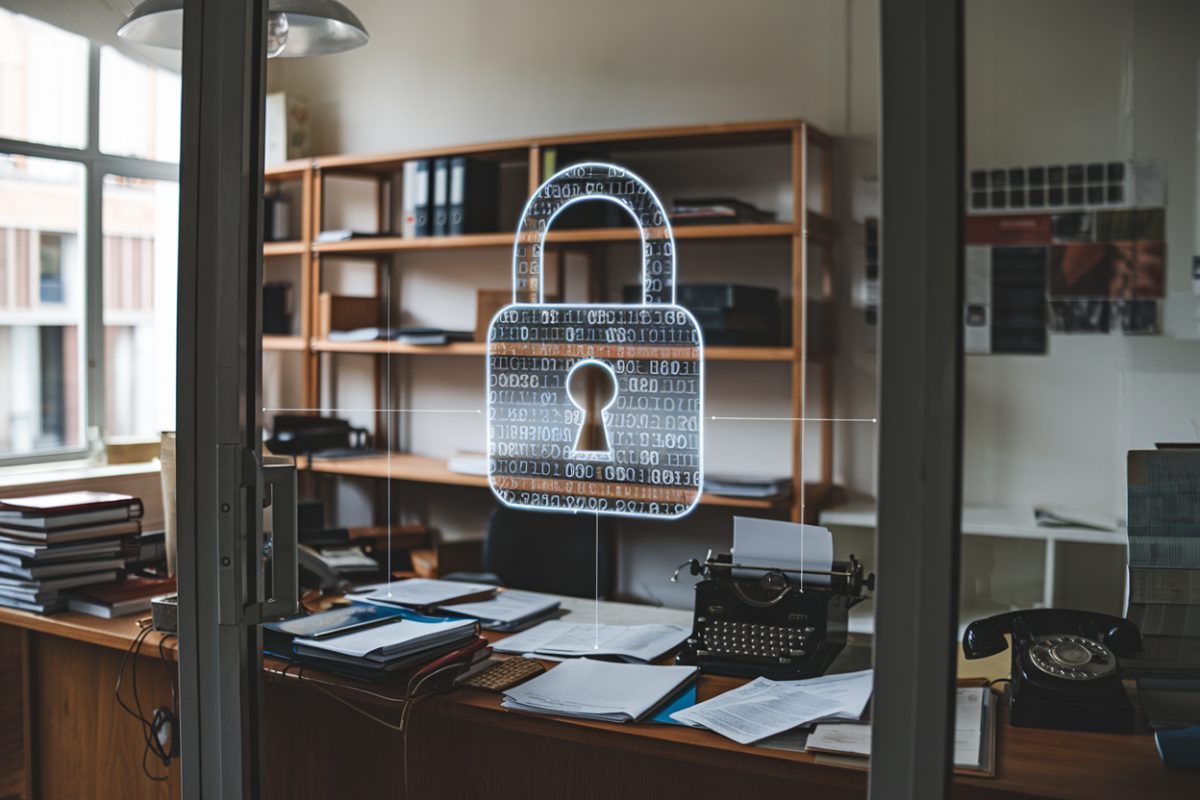 Bureau d'un op&eacute;rateur t&eacute;l&eacute;com fran&ccedil;ais avec une image de serrure num&eacute;rique symbolisant une fuite de donn&eacute;es.