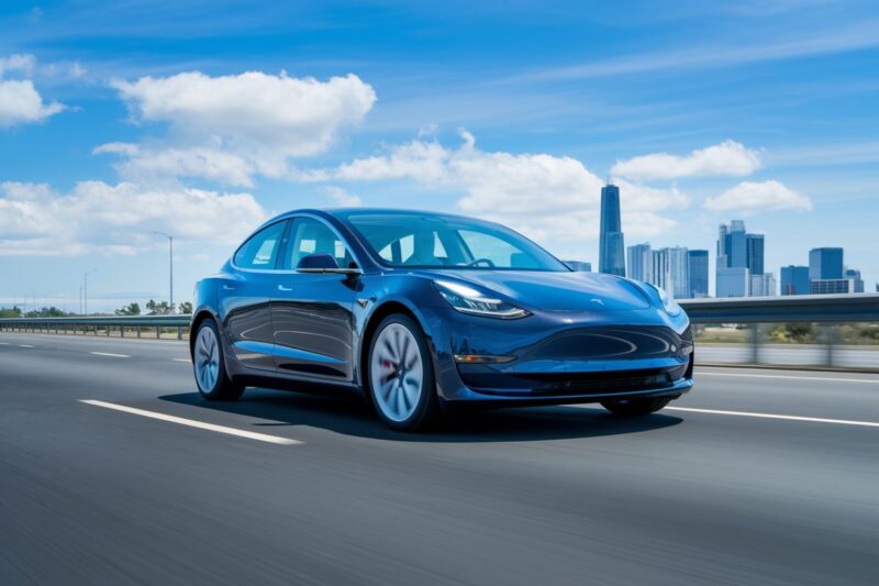 Tesla en mode conduite autonome sur une autoroute avec une skyline futuriste.