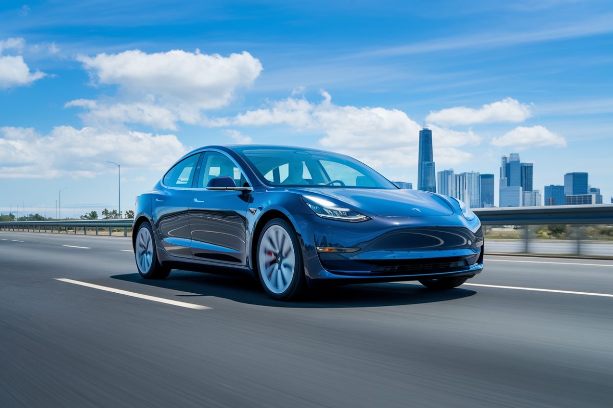 Tesla en mode conduite autonome sur une autoroute avec une skyline futuriste.