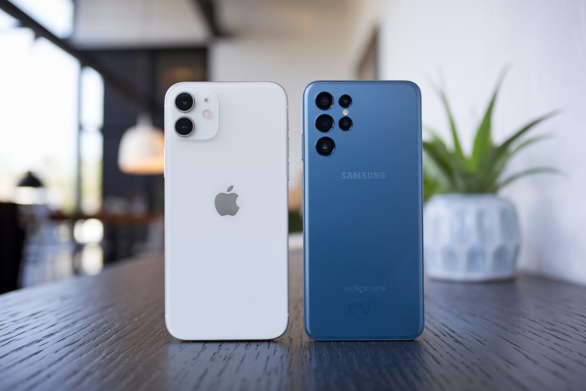 Collage du nouvel iPhone 17 et de la s&eacute;rie Galaxy A de Samsung.