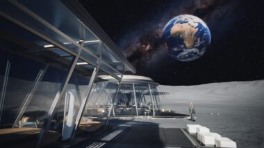 Illustration futuriste d'un hôtel lunaire avec la Terre visible en arrière-plan.