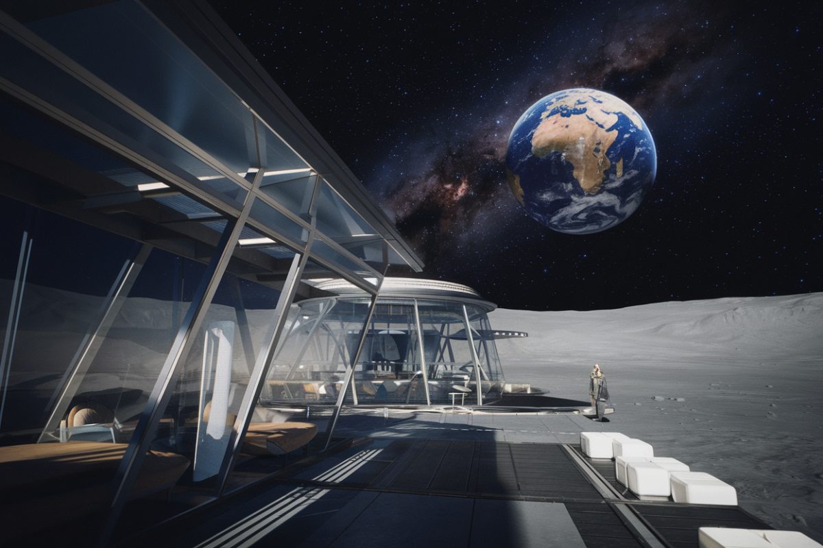 Illustration futuriste d'un h&ocirc;tel lunaire avec la Terre visible en arri&egrave;re-plan.