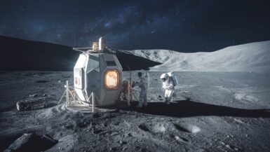 Illustration d'un réacteur nucléaire sur la Lune avec des astronautes