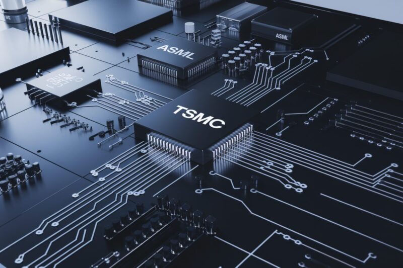 Illustration de la fabrication de semi-conducteurs mettant en avant TSMC, ASML et STMicro.
