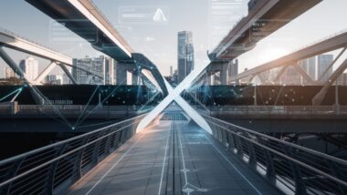 Illustration d'un paysage numérique futuriste avec des éléments d'IA.