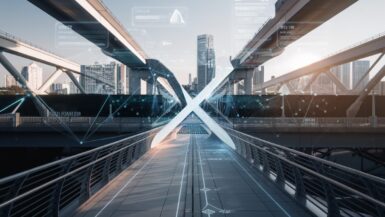 Illustration d'un paysage numérique futuriste avec des éléments d'IA.