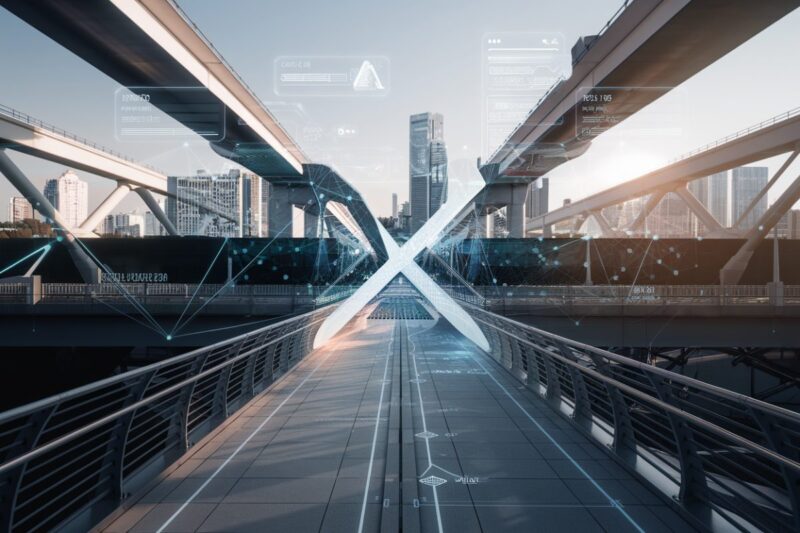 Illustration d'un paysage num&eacute;rique futuriste avec des &eacute;l&eacute;ments d'IA.