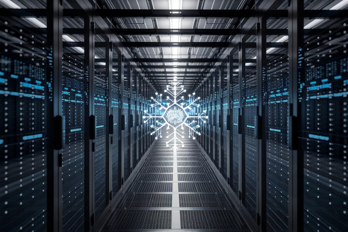 Data center moderne avec &eacute;l&eacute;ments d'IA, repr&eacute;sentant Snowflake.