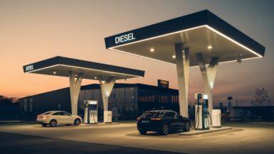 Station essence moderne avec options diesel et électrique