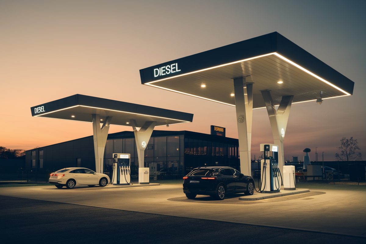 Station essence moderne avec options diesel et &eacute;lectrique