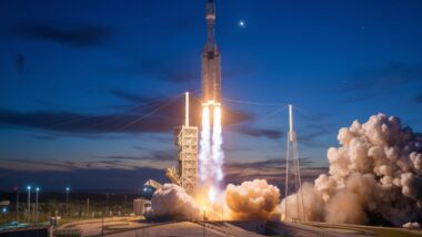 Lancement de fusée au crépuscule avec ciel crépusculaire vibrant