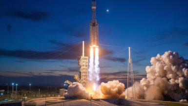 Lancement de fusée au crépuscule avec ciel crépusculaire vibrant