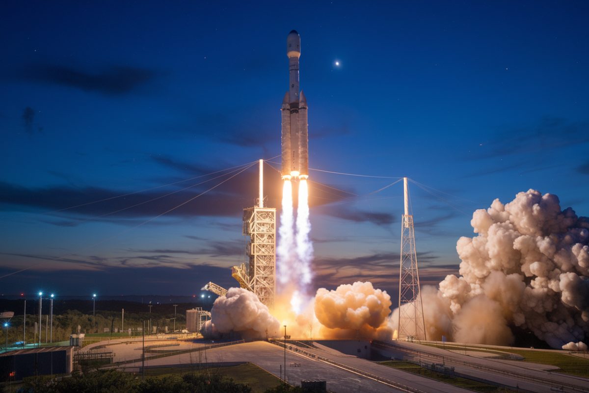 Lancement de fus&eacute;e au cr&eacute;puscule avec ciel cr&eacute;pusculaire vibrant