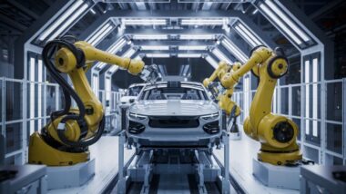 Usine futuriste avec des robots assemblant des voitures