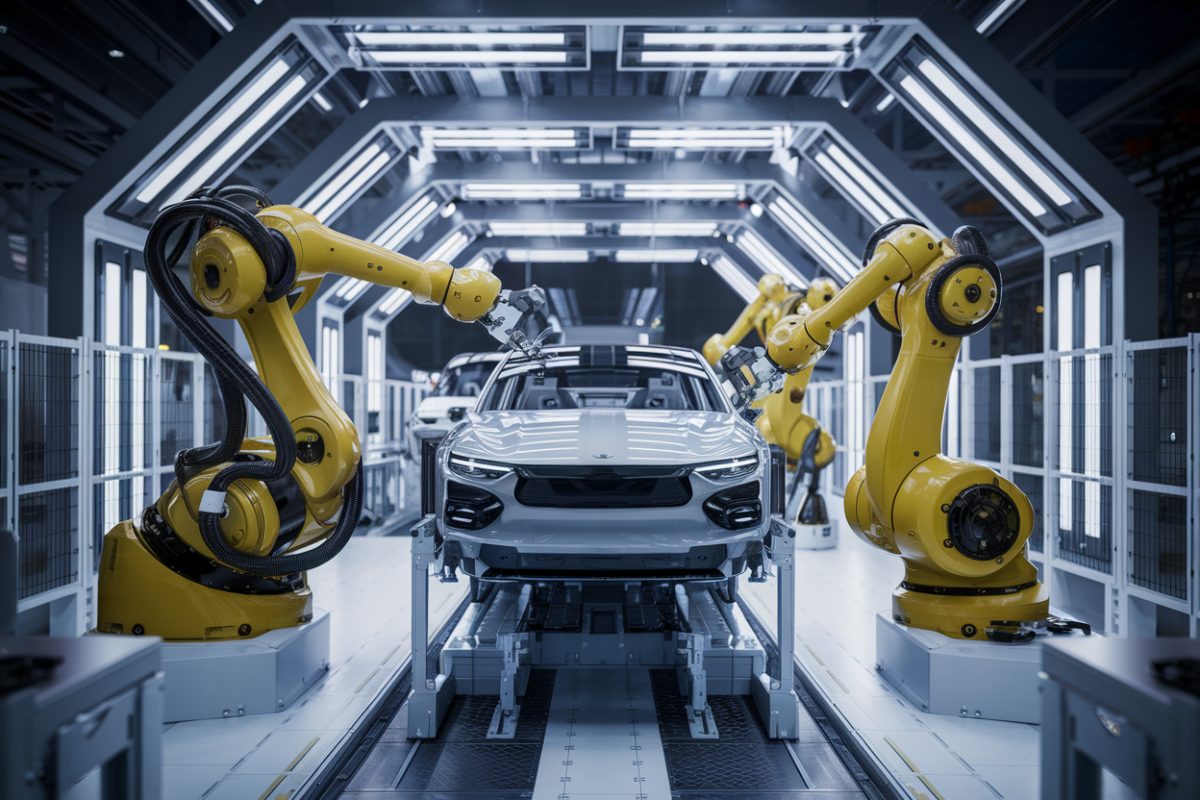 Usine futuriste avec des robots assemblant des voitures
