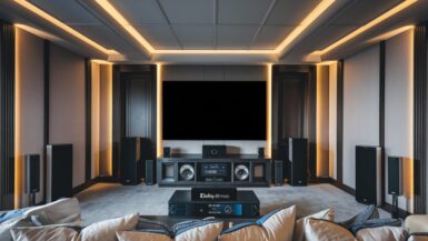 Salon moderne avec installation Dolby Atmos Flex Connect