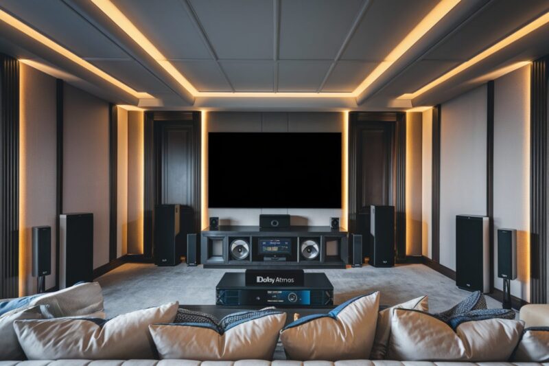 Salon moderne avec installation Dolby Atmos Flex Connect