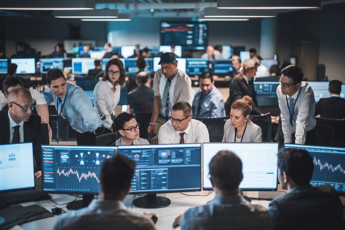 Des employ&eacute;s discutent de la strat&eacute;gie de cybers&eacute;curit&eacute; dans un bureau