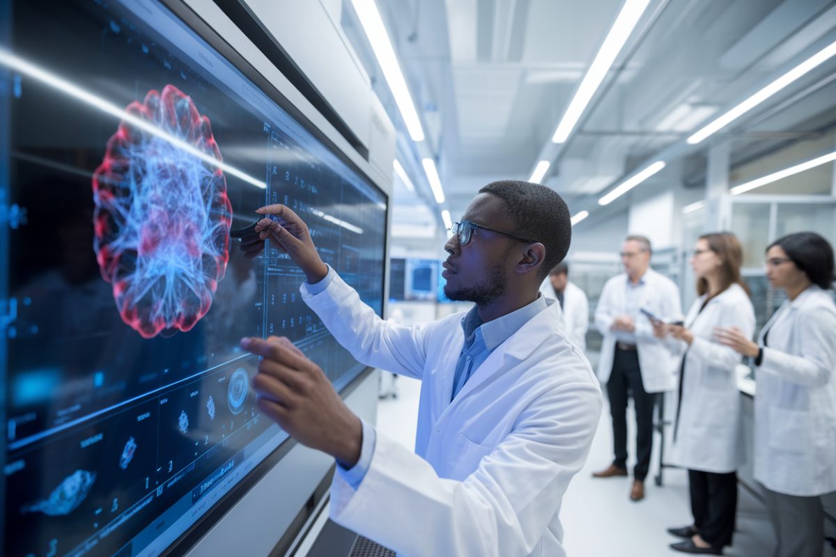 Chercheur analysant des donn&eacute;es de cancer g&eacute;n&eacute;r&eacute;es par IA