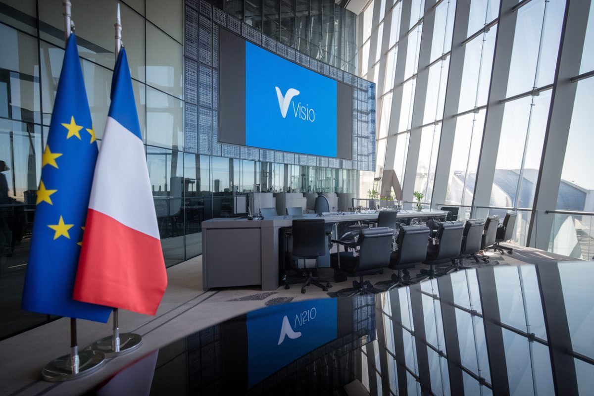 Bureau gouvernemental avec &eacute;cran affichant le logo Visio