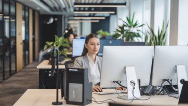 Jeune femme professionnelle dans un bureau moderne avec technologies IA