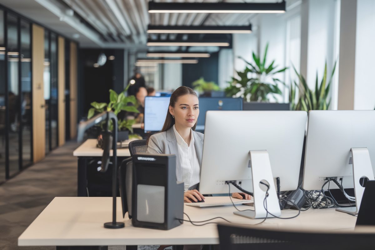 Jeune femme professionnelle dans un bureau moderne avec technologies IA