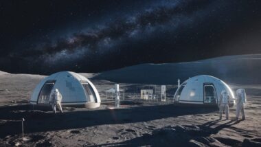 Base lunaire avec habitats en forme de dôme sous un ciel étoilé