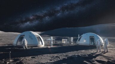 Base lunaire avec habitats en forme de dôme sous un ciel étoilé