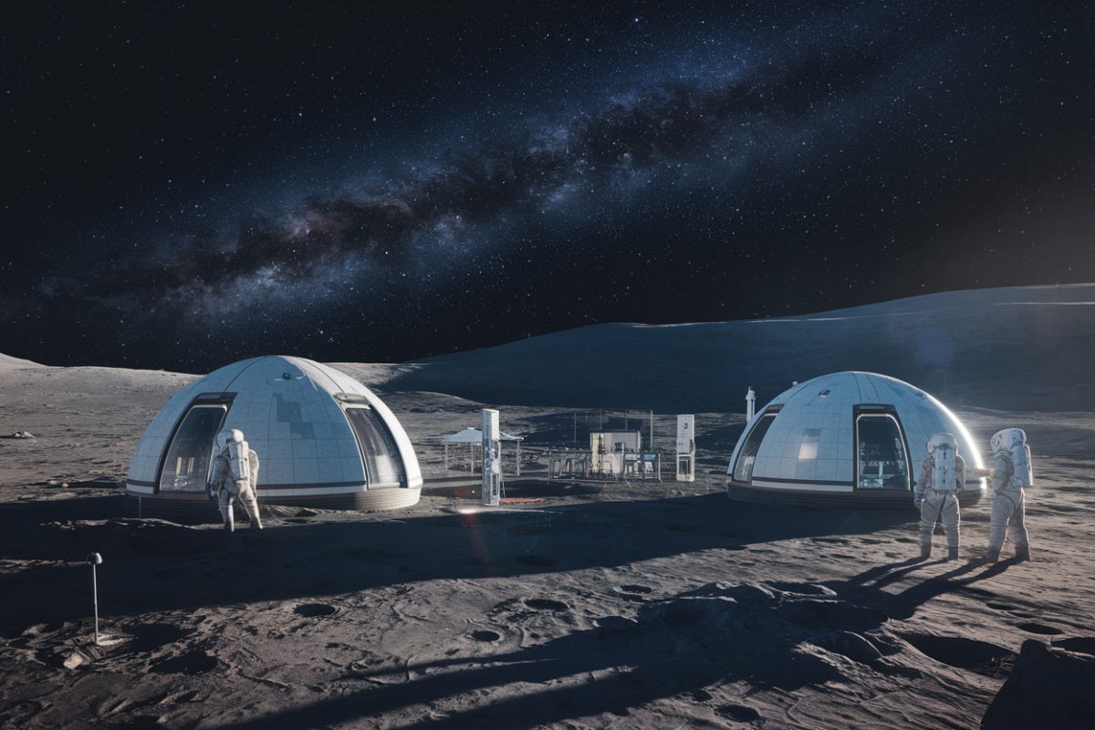 Base lunaire avec habitats en forme de d&ocirc;me sous un ciel &eacute;toil&eacute;