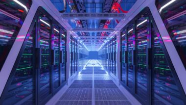 Centre de données moderne avec éclairage néon à la tombée de la nuit