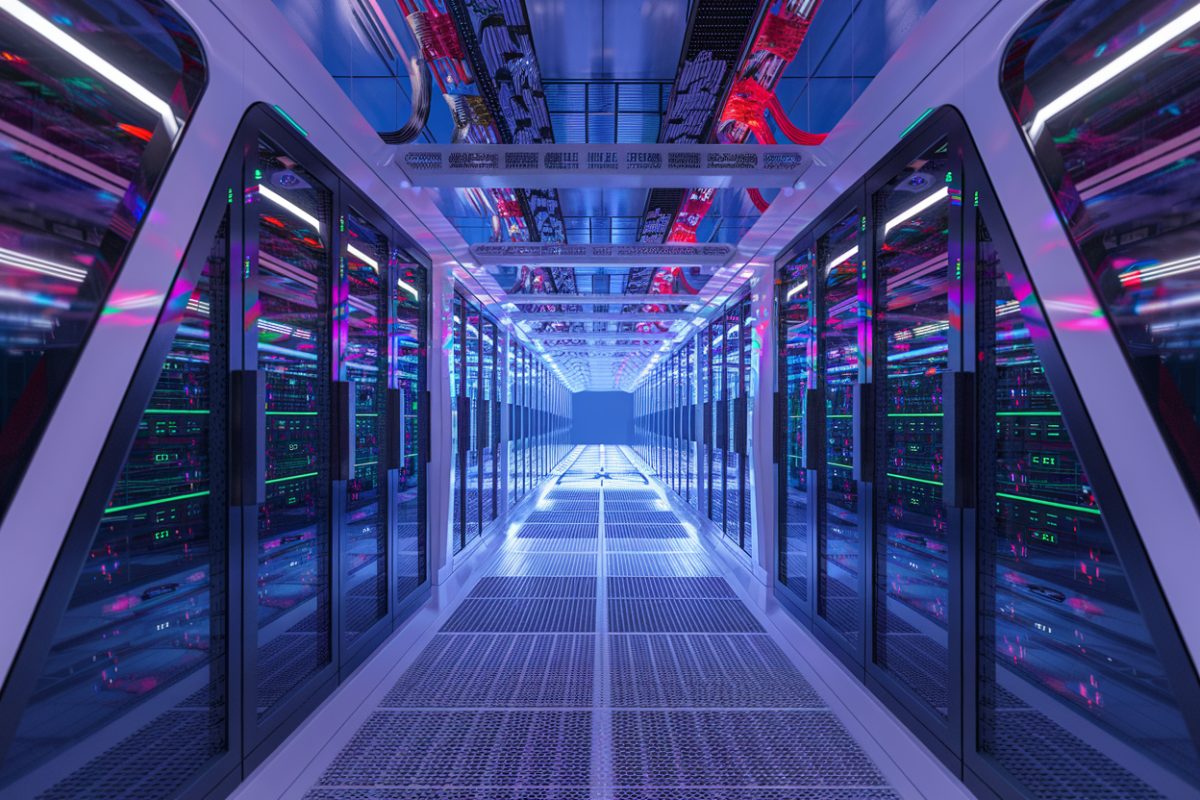 Centre de donn&eacute;es moderne avec &eacute;clairage n&eacute;on &agrave; la tomb&eacute;e de la nuit